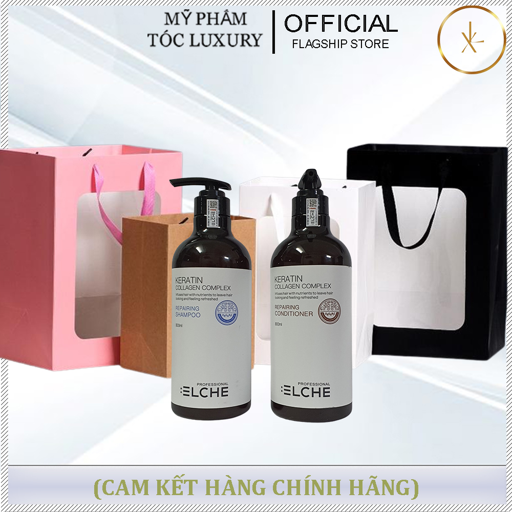 SET QUÀ TẶNG CẶP GỘI XẢ PHỤC HỒI TÓC MỀM MƯỢT GIẢM RỤNG KERATIN COMPLEX ELCHE 800ML